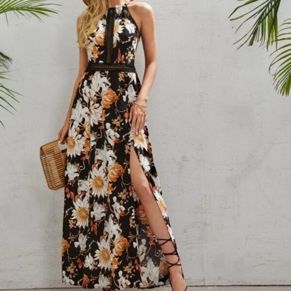 . Dresses & Skirts - Boho floral print Tie Back Lace Thigh Split Floral Cami Dress